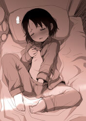  1girl barefoot bed_sheet blush breasts closed_eyes commentary_request female_masturbation grabbing_own_breast hand_under_clothes head_on_pillow idolmaster idolmaster_cinderella_girls loli long_sleeves lying masturbation monochrome on_back open_clothes pajamas pillow sakaki_imasato sasaki_chie sepia short_hair small_breasts solo sweat toe_scrunch toes  rating:Explicit score:203 user:danbooru