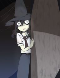  1girl asobi_asobase belt black_hair collared_shirt commentary_request hair_between_eyes hat highres long_hair looking_at_viewer necktie oka_ruu open_mouth pale_skin peeking_out shirt short_sleeves silk skirt smile solo spider_web tokumei_nanashi wavy_hair white_shirt wide-eyed witch_hat 