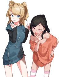 2girls bad_id bad_twitter_id black_hair black_sweater blonde_hair blue_eyes breasts closed_mouth commentary_request contrapposto copyright_request fingernails hair_ornament hairclip half-closed_eye hand_up highres leaning_forward long_fingernails looking_at_viewer muchi_maro multiple_girls nail_polish naked_shirt off_shoulder pink_legwear pink_nails red_eyes shirt simple_background small_breasts smile striped_clothes striped_legwear striped_thighhighs sweater thighhighs tongue tongue_out two_side_up v white_background rating:Sensitive score:42 user:danbooru