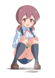 1girl absurdres blush brown_eyes brown_hair cleft_of_venus female_focus highres loli murosaki_miyo neck_ribbon onii-chan_wa_oshimai! open_mouth panties panty_pull peeing puddle pussy ribbon school_uniform shoes skirt socks solo squatting steam twintails udonko_(tinanago7715) uncensored underwear white_background rating:Explicit score:53 user:BaronArgyleSven