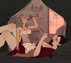 2girls absurdres acousticmalta alcina_dimitrescu black_hair blush breasts character_request cleavage closed_eyes copyright_request corset cup dark-skinned_female dark_skin drinking_glass feet_out_of_frame grey_hair highres holding holding_cup indoors lying multiple_girls on_back profile resident_evil resident_evil_village size_difference smoke smoking wine_glass yuri rating:Sensitive score:60 user:danbooru