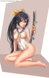  1girl black_hair breasts covered_navel full_body highleg highres holding holding_sheath long_hair looking_at_viewer medium_breasts midnight_(banyex) one-piece_swimsuit original ponytail purple_eyes seiza sheath sitting solo swimsuit sword weapon 