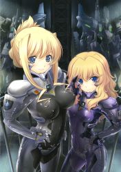  2girls absurdres bernadette_le_tigre_de_la_riviere blonde_hair blue_eyes blush bodysuit breasts breasts_apart closed_mouth contrapposto covered_erect_nipples covered_navel cowboy_shot emblem eurofighter_typhoon folded_ponytail from_side gloves hair_bun hand_on_own_hip hands_on_own_hips hangar height_difference highres ilfriede_von_feulner impossible_bodysuit impossible_clothes indoors large_breasts light_smile looking_at_viewer mecha miyata_sou multiple_girls muv-luv muv-luv_alternative muv-luv_alternative_chronicles official_art petite pilot_suit rafale_(muv-luv) railing robot salute scan science_fiction short_hair_with_long_locks sidelocks single_hair_bun skin_tight small_breasts smile standing the_euro_front turtleneck wavy_hair  rating:Questionable score:21 user:undertomato