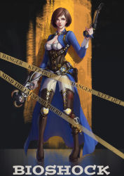  1girl absurdres bioshock_(series) blue_eyes boots breasts brown_hair cleavage corset elizabeth_(bioshock_infinite) goggles grossic gun high_heel_boots high_heels highres lipstick makeup short_hair thigh_boots thighhighs weapon  rating:Sensitive score:22 user:twilight_jester