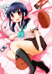  1girl ass bed blue_hair blush capybara-san chibi_miku chocolate digital_media_player feet frilled_pillow frills hatsune_miku heart long_hair looking_at_viewer lying minami_(colorful_palette) on_side open_mouth original pillow red_eyes skirt skirt_tug socks solo stuffed_toy twintails vocaloid 