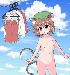  1girl :d animal_ear_fluff animal_ears blush breasts brown_eyes brown_hair cat_ears cat_tail chen cleft_of_venus unworn_clothes cloud completely_nude contrapposto cowboy_shot day dress fangs gold_trim hat highres hits_(hitstts) loli looking_at_viewer mob_cap multiple_tails nekomata nipples nude open_mouth outdoors pussy red_dress short_hair sky small_breasts smile solo tail touhou two_tails uncensored  rating:Explicit score:44 user:danbooru
