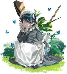  1boy animal apron black_dress black_hair blue_butterfly blue_eyes bug butterfly butterfly_on_head crossdressing dappled_sunlight dress full_body grass hands_on_own_cheeks hands_on_own_face hands_up head_on_hand head_rest insect kyouichi long_sleeves looking_at_viewer maid maid_apron maid_headdress male_focus male_maid on_ground original outdoors short_hair smile squatting sunlight white_apron white_background 