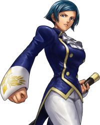 1girl blue_eyes blue_hair breasts buttons clenched_hand ascot elisabeth_blanctorche highres jacket king_of_fighters_xiii large_breasts matching_hair/eyes official_art ogura_eisuke pants riding_crop short_hair snk solo the_king_of_fighters the_king_of_fighters_xiii transparent_background rating:Sensitive score:17 user:danbooru
