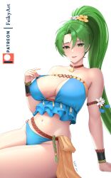  1girl arm_support bare_shoulders bikini blue_bikini breasts choker cleavage collarbone feikyart fire_emblem fire_emblem:_the_blazing_blade fire_emblem_heroes flower frills green_eyes green_hair hair_flower hair_ornament high_ponytail large_breasts leaning_to_the_side long_hair looking_at_viewer lyn_(fire_emblem) lyn_(summer)_(fire_emblem) navel nintendo official_alternate_costume open_mouth parted_lips patreon_username simple_background sitting smile solo stomach swimsuit thighs very_long_hair white_background white_flower 