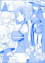  1boy 3girls ? ai-chan_(tawawa) applause architecture blue_theme boots braid breasts cape cleavage commentary commentary_request detached_sleeves elf getsuyoubi_no_tawawa glasses greco-roman_architecture hat highres himura_kiseki holding holding_staff large_breasts looking_at_another mage_staff measuring monochrome multiple_girls open_mouth pillar pointy_ears short_hair spoken_question_mark staff standing sweatdrop tape_measure translated trembling twin_braids witch_hat |_| 