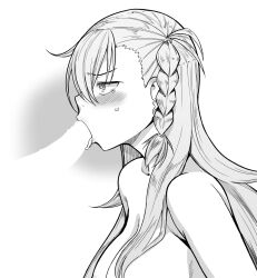  1girl blush breasts fate/grand_order fate_(series) fellatio greyscale large_breasts large_penis licking licking_penis long_hair looking_up monochrome nipples non-web_source olga_marie_animusphere oral penis suzushiro_nazuna teardrop tongue white_background 
