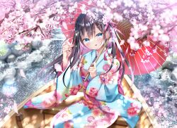  1girl absurdres black_hair blue_eyes blue_kimono blush canoe cherry_blossoms colored_inner_hair commentary english_commentary falling_petals feet_out_of_frame fingernails floral_print flower gradient_hair hair_flower hair_ornament hair_ribbon hands_up highres holding holding_umbrella japanese_clothes kimono long_hair long_sleeves looking_at_viewer mixed-language_commentary multicolored_hair nae-nae nail_polish obiage obijime oil-paper_umbrella open_mouth original outdoors petals pink_flower pink_hair pink_nails pink_ribbon print_kimono ribbon sitting smile solo umbrella water wide_sleeves 