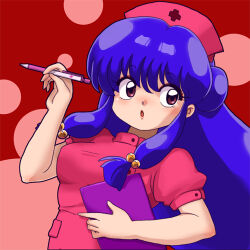 1girl breasts circle double_bun hair_bun hat lowres medium_breasts nurse nurse_cap pen purple_hair ranma_1/2 red_background shampoo_(ranma_1/2) solo wanta_(futoshi)