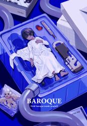  1boy absurdres ankle_cuffs baroque_(series) black_eyes black_hair blue_theme child copyright_name dated_commentary full_body hair_between_eyes heart_(organ) highres long_sleeves looking_at_viewer lying male_focus mop_(shirokumaiceumaiyo) on_back protagonist_(baroque) robe short_hair solo vacuum_tube weapon white_robe wire 