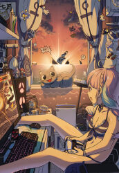  1girl a_(phrase) ahoge anchor_print anchor_symbol animal_ear_headphones animal_ears bikini blue_bikini blue_hair book braid breasts can cellphone chair cleavage cloud cloudy_sky commentary commentary_request computer controller cup_ramen curtains desk dongle_e dualsense english_commentary fake_animal_ears french_braid front-tie_bikini_top front-tie_top game_console game_controller gaming_chair grey_cat halterneck headphones headset highres hololive hololive_english houshou_marine idol_showdown indoors keyboard_(computer) large_breasts legs_on_table loaded_interior long_hair minato_aqua minato_aqua_(hololive_summer_2019) mixed-language_commentary monitor mouse_(computer) mousepad_(object) multicolored_hair neko_(minato_aqua) official_alternate_costume on_chair orange_sky phone pink_hair playing_games playstation_5 playstation_controller purple_eyes shark_fin shelf ship sitting sky smartphone solo speech_bubble streaked_hair striped_bikini striped_clothes sunrise swimsuit swivel_chair takodachi_(ninomae_ina&#039;nis) teruterubouzu twin_braids twintails two-tone_hair unworn_clothes virtual_youtuber water watercraft webcam window 
