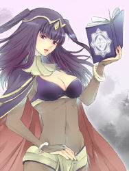  1girl book bracelet breasts circlet cleavage cloak covered_navel fingerless_gloves fire_emblem fire_emblem_awakening gloves jewelry kariu large_breasts long_hair looking_at_viewer nail_polish nintendo open_mouth purple_eyes purple_hair see-through smile solo tharja_(fire_emblem) twintails two_side_up upper_body 
