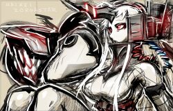 1girl abyssal_ship breasts cable colored_skin detached_sleeves dress g=hikorou grey_background grey_skin headgear horns kantai_collection large_breasts long_hair open_mouth red_eyes seaport_princess sidelocks simple_background single_horn sketch solo thighhighs white_dress white_hair white_thighhighs