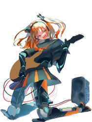  1girl a.i._voice adachi_rei alternate_costume alternate_design black_sailor_collar black_shirt black_skirt cable colored_tongue electric_guitar full_body guitar highres holding holding_guitar holding_instrument instrument kaimu_(adachi_rei) kneeling looking_at_viewer medium_hair music neckerchief one_side_up open_mouth orange_eyes orange_hair orange_neckerchief orange_tongue playing_guitar playing_instrument pleated_skirt radio_antenna robot_girl sailor_collar sailor_shirt school_uniform serafuku shirt short_sleeves simple_background skirt solo speaker tongue tongue_out utau white_background 