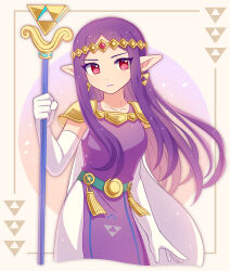  1girl armor cape circlet closed_mouth collarbone commentary cropped_legs dress earrings elbow_gloves english_commentary enni eyelashes gloves gold_earrings highres holding holding_staff jewelry long_hair looking_at_viewer nintendo parted_bangs pauldrons pointy_ears princess_hilda purple_dress purple_hair purple_lips red_eyes shoulder_armor sidelocks simple_background solo staff tassel the_legend_of_zelda the_legend_of_zelda:_a_link_between_worlds triforce triforce_earrings triforce_print white_background white_cape white_dress white_gloves 
