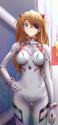 1girl absurdres artist_request blue_eyes blush bodysuit breasts brown_hair covered_navel cowboy_shot evangelion:_3.0+1.0_thrice_upon_a_time eyepatch frown gloves hair_between_eyes hair_ornament hand_on_own_hip highres interface_headset long_hair looking_at_viewer medium_breasts neon_genesis_evangelion one_eye_covered plugsuit rebuild_of_evangelion shiny_clothes shiny_skin skin_tight solo souryuu_asuka_langley standing twintails two_side_up very_long_hair white_bodysuit white_gloves rating:Sensitive score:16 user:fakyuh