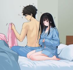  1boy 1girl ;o back bare_back bare_legs bed_sheet black_hair blanket blue_pajamas blue_pants blue_shirt blush borrowed_clothes breasts buttoning chitanda_eru headboard highres holding holding_clothes holding_shirt hyouka indoors kneeling large_breasts long_hair looking_ahead looking_at_object loose_hair_strand mery_(yangmalgage) messy_hair no_pants on_bed one_eye_closed oreki_houtarou own_hands_together pajamas pants pillow pink_pajamas pink_pants pink_shirt purple_eyes shirt sitting sleepy sleeves_past_wrists squeans straight_hair topless_male unworn_pants unworn_shirt very_long_hair waking_up wariza 