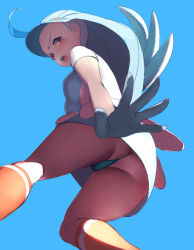 1girl ahoge blue_background blue_hair blue_hat blush breasts commentary_request creatures_(company) elite_four from_below game_freak gloves grey_eyes hat kahili_(pokemon) kneehighs light_blue_hair long_hair looking_down mole mole_under_eye nintendo open_mouth orange_socks pokemon pokemon_sm shirt short_sleeves simple_background skirt socks solo suion_25.c teeth thong tongue visor_cap rating:Questionable score:59 user:danbooru