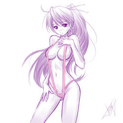  1girl atomix blush breasts collarbone covered_erect_nipples female_focus hand_on_own_hip hand_on_own_chest large_breasts long_hair monochrome navel ponytail purple_eyes purple_hair slingshot_swimsuit solo spot_color swimsuit white_background  rating:Questionable score:15 user:Cron