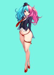  1girl :d arms_behind_back bare_legs black_hat black_jacket blue_background blue_hair buckle commentary_request full_body hat high_heels highres jacket long_hair long_sleeves looking_at_viewer mini_hat mini_top_hat multicolored_hair necktie no_panties no_socks open_clothes open_jacket open_mouth original panties pink_eyes pink_hair red_footwear red_necktie red_panties shoes simple_background skindentation smile solo split-color_hair standing tareme thigh_strap top_hat toriseru_(rare_stone) twintails two-tone_hair underwear wing_collar  rating:Sensitive score:28 user:danbooru