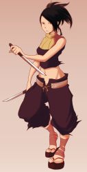 1girl acquire afroninja ayame ayame_(tenchuu) bad_id bad_pixiv_id bandages bare_shoulders black_hair crop_top dual_wielding from_software holding long_hair midriff navel ninja ponytail reverse_grip sandals short_sword solo spike07 sword tenchu tenchuu weapon