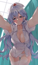 1girl alternate_costume armpits blue_eyes blue_hair breasts cleavage closed_mouth collarbone collared_dress covered_navel dress garter_straps green_eyes hair_between_eyes hat head_wings highres honkai:_star_rail honkai_(series) hospital indoors jewel_under_eye large_breasts lingerie matrix16 nurse nurse_cap paid_reward_available panties partially_unbuttoned pov privacy_screen robin_(honkai:_star_rail) short_sleeves smile solo strap thighhighs underwear white_dress white_panties white_thighhighs white_wings wings 