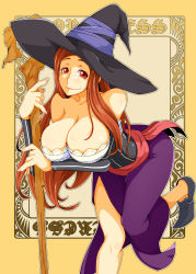  1girl breasts character_name cleavage dragon&#039;s_crown hat highres huge_breasts long_hair looking_at_viewer murakami3 murakami_(pixiv19297) red_eyes red_hair sash smile solo sorceress_(dragon&#039;s_crown) staff wide_hips witch_hat yellow_background 