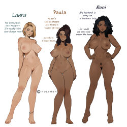  3girls arm_tattoo arms_at_sides arms_behind_back artist_name barefoot black_hair black_pubic_hair blonde_hair blue_eyes breasts breasts_apart brown_eyes brown_hair brown_lips character_name cleft_of_venus closed_mouth commentary completely_nude dark-skinned_female dark_nipples dark_skin ear_piercing earrings english_commentary english_text female_pubic_hair fingernails full_body grey_eyes groin hands_on_own_hips highres holy_meh hoop_earrings huge_breasts jewelry knees_together_feet_apart large_breasts legs_apart light_smile lips long_hair looking_at_viewer mature_female medium_hair mole mole_on_breast multiple_girls navel nipples nude original patreon_logo piercing pubic_hair pussy simple_background standing stomach tattoo thigh_gap toenails toes white_background  rating:Explicit score:288 user:danbooru