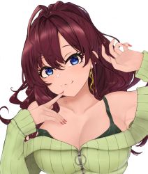 1girl :3 absurdres ahoge bad_id bad_pixiv_id blue_eyes blush breasts brown_hair cleavage closed_mouth collarbone earrings green_sweater green_tank_top highres ichinose_shiki idolmaster idolmaster_cinderella_girls jewelry lamp_p9 large_breasts lips long_hair long_sleeves looking_at_viewer nail_polish off-shoulder_sweater off_shoulder red_nails ribbed_sweater smile solo strap_slip sweater tank_top wavy_hair zipper rating:Sensitive score:9 user:danbooru