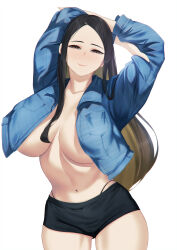  1girl arms_behind_head arms_up black_hair black_panties black_shorts blue_jacket blueorca breasts brown_eyes collarbone commentary english_commentary hair_between_breasts highleg highleg_panties highres jacket large_breasts linea_alba long_hair looking_at_viewer navel no_bra open_clothes open_jacket original panties parted_bangs short_shorts shorts smile solo stomach thigh_gap thighs toned_female underwear very_long_hair 
