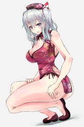 1girl alternate_costume ass blue_eyes breasts china_dress chinese_clothes cleavage closed_mouth dress grey_background hat highres kantai_collection kashima_(kancolle) looking_at_viewer medium_breasts short_hair silver_hair simple_background smile solo squatting thighs twintails warabe_(waraghi) rating:Questionable score:9 user:danbooru