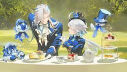  1boy 1girl 3others ahoge artist_name ascot asymmetrical_gloves back_bow black_bow black_vest blue_ascot blue_bow blue_cape blue_gemstone blue_gloves blue_hair blue_hat blue_jacket blue_skin blush bow bun_(food) buttons cake cake_slice cape cheong1110 chocolate_cake closed_eyes closed_mouth collared_shirt colored_skin crab creature cup day eyelashes fish flying food fork formal fruit furina_(genshin_impact) gem genshin_impact gentilhomme_usher gloves gold_trim grass grey_hair hair_between_eyes hands_up hat hat_bow hat_ornament highres holding holding_fork holding_plate jacket kettle lapels lemon lemon_slice long_hair long_sleeves low_twintails mademoiselle_crabaletta mismatched_gloves multicolored_hair multiple_others neuvillette_(genshin_impact) octopus open_clothes open_jacket open_mouth outdoors pastry pie plate pointy_ears seahorse shadow shirt smile standing star_(symbol) star_hat_ornament starfish strawberry suit surintendante_chevalmarin table tablecloth tea top_hat twintails two-tone_hair vest white_ascot white_gloves white_shirt white_vest 