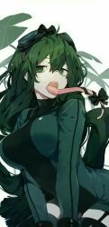 10s 1girl asui_tsuyu bodysuit boku_no_hero_academia bow breasts dark_green_hair dark_persona expressionless frog_girl green_bodysuit green_eyes green_hair highres large_breasts long_hair long_tongue looking_at_viewer mgmg_1012 open_mouth simple_background skin_tight solo tongue v_arms white_background rating:Sensitive score:17 user:danbooru