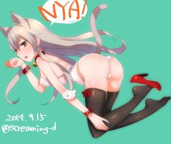 10s 1girl 2014 animal_ears ass bad_id bad_twitter_id bare_shoulders bell black_thighhighs breasts brown_eyes brown_hair cat_ears cat_tail collar covered_erect_nipples cuffs dated english_text fang feet feet_up full_body high_heels kantai_collection kittysuit kyuuso_inukami leotard long_hair medium_breasts neck_bell nontraditional_playboy_bunny paw_pose plantar_flexion playboy_bunny shimakaze_(kancolle) shoe_dangle shoes sidelocks simple_background single_shoe solo speech_bubble tail thighhighs twitter_username rating:Questionable score:39 user:danbooru