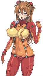  1girl alternate_breast_size blue_eyes blush bodysuit breasts brown_hair covered_navel cowboy_shot embarrassed evangelion:_2.0_you_can_(not)_advance gloves hair_between_eyes hair_ornament highres large_breasts long_hair looking_at_viewer midriff moruo762 multicolored_bodysuit multicolored_clothes neon_genesis_evangelion open_mouth plugsuit rebuild_of_evangelion red_bodysuit see-through see-through_body shiny_clothes solo souryuu_asuka_langley standing test_plugsuit wide_hips 