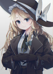 1girl black_gloves black_hat black_jacket blonde_hair blue_eyes bow braid dated gloves green_bow green_necktie hair_bow hat highres jacket kirisame_marisa looking_at_viewer necktie own_hands_together shirt side_braid solo tami_(joemanyodw) touhou white_background white_bow white_shirt witch_hat  rating:General score:2 user:danbooru
