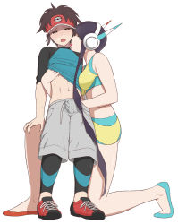  1boy 1girl age_difference aqua_footwear bare_arms bike_shorts black_hair blue_eyes blush breasts brown_eyes brown_hair clothes_lift creatures_(company) elesa_(pokemon) flats game_freak gym_leader hand_on_another&#039;s_chest hand_on_another&#039;s_knee handjob headphones height_difference hetero highres licking licking_another&#039;s_face mizuno_(pixiv31352320) nate_(pokemon) navel nintendo on_one_knee open_mouth photoshop_(medium) pokemon pokemon_bw2 red_footwear shiny_skin shirt_lift shorts sidelocks tall_female tongue visor_cap white_background  rating:Explicit score:381 user:danbooru