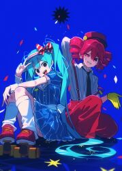  2girls :d arm_behind_head black_necktie blue_background blue_dress blue_hair collared_shirt confetti dress drill_hair full_body gloves grin hair_between_eyes hand_up hat hatsune_miku head_tilt high-waist_pants kasane_teto kneehighs long_hair looking_at_viewer loose_socks mesmerizer_(vocaloid) multiple_girls necktie on_one_knee open_hand open_mouth pants pinstripe_dress pinstripe_pattern planetzer_0 red_eyes red_footwear red_hair red_hat red_pants roller_skates sharp_teeth shirt shirt_tucked_in shoes short_dress short_hair short_twintails side-by-side simple_background sitting skates smile sneakers socks solid_circle_eyes strap_slip suspenders teeth twin_drills twintails utau v very_long_hair visor_cap vocaloid white_shirt white_socks white_wrist_cuffs wrist_cuffs yellow_gloves 