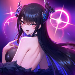  1girl :d backless_dress backless_outfit bare_shoulders black_hair black_nails blue_hair breasts colored_inner_hair demon_horns dress from_behind fur_trim highres hololive hololive_english horns large_breasts long_hair looking_at_viewer looking_back mole mole_under_eye multicolored_hair nerissa_ravencroft oopartz_yang open_mouth red_eyes slit_pupils smile solo sparkle two-tone_hair upper_body very_long_hair virtual_youtuber 