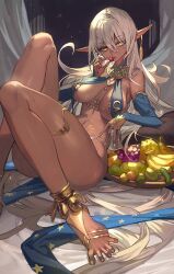  1girl absurdly_long_hair anklet arabian_clothes armpits banana bare_legs bare_shoulders barefoot barefoot_sandals_(jewelry) bed body_markings bowl breasts breasts_apart bridal_gauntlets cherry commentary curtains dark-skinned_female dark_elf dark_skin elf feet food fruit fruit_bowl gold_anklet gold_trim grapes highres indoors jewelry lack long_hair looking_at_viewer lying medium_breasts midriff nail_polish navel night night_sky on_back on_bed original panties pear pillow pointy_ears revealing_clothes shiny_skin sideboob sky solo spread_toes star_(sky) star_(symbol) star_print starry_sky symbol-only_commentary thick_thighs thighlet thighs toenail_polish toenails toes underboob underwear very_long_ears very_long_hair white_hair white_panties yellow_eyes yellow_nails 