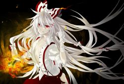  1girl bad_id bad_pixiv_id bandages bow female_focus fire fujiwara_no_mokou grin hair_bow kyo_zip long_hair middle_finger open_clothes open_shirt pale_skin red_eyes shirt smile solo suspenders teeth torn_clothes touhou very_long_hair white_hair  rating:Sensitive score:11 user:danbooru