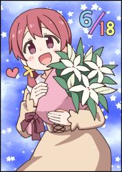 1girl :d bouquet brown_eyes commentary_request dated dot_nose flower heart holding holding_bouquet lily_(flower) long_hair long_sleeves looking_at_viewer murosaki_miyo nekotoufu official_art onii-chan_wa_oshimai! open_mouth red_hair simple_background smile solo star_(symbol) starry_background rating:General score:2 user:danbooru