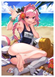  1boy absurdres ass astolfo_(fate) astolfo_(femboy_idol)_(fate) bandaid bare_shoulders barefoot beach black_bow blue_one-piece_swimsuit blush bow bracelet braid collarbone crossdressing day fang fate/apocrypha fate_(series) feet flower hair_flower hair_intakes hair_ornament highres jewelry kan&#039;yu_(citron_82) legs long_braid long_hair looking_at_viewer male_focus multicolored_hair name_tag ocean official_alternate_costume one-piece_swimsuit open_mouth pink_hair purple_eyes single_braid single_thighhigh skin_fang smile soles solo streaked_hair swimsuit thighhighs toes trap waving white_hair white_thighhighs  rating:Sensitive score:103 user:danbooru