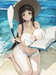  1girl bare_shoulders beach bikini black_hair black_survival book breast_rest breasts cleavage closed_mouth clover-shaped_pupils collarbone commentary_request frilled_bikini frills green_eyes gweon_sua hat holding holding_book holding_quill large_breasts letdie1414 long_hair looking_at_viewer navel open_book quill sand seiza semi-realistic sitting smile solo straw_hat sun_hat swimsuit symbol-shaped_pupils thighs very_long_hair water wet white_bikini 