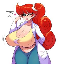 1girl aged_up blue_eyes blush breasts cleavage covered_erect_nipples curvy earrings female_focus glasses heart highres huge_breasts jewelry johnny_test lab_coat lips long_hair mary_test moon one_eye_closed pinkkoffin red_hair solo thick_thighs thighs tongue tongue_out wide_hips wink