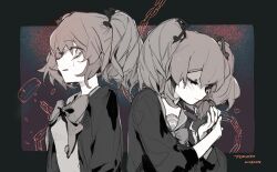  2girls animal_collar artist_name back-to-back black_border blue_background border bow bowtie broken broken_chain chain character_doll closed_eyes closed_mouth collar collared_jacket commentary_request crying crying_with_eyes_open danganronpa_(series) dated doll fortissimo greyscale_with_colored_background hair_ornament heart highres holding holding_doll jacket light_smile long_sleeves multiple_girls musical_note musical_note_hair_ornament open_clothes open_jacket otonokoji_hibiki otonokoji_kanade outside_border sailor_collar scared shirt short_hair short_twintails siblings sisters streaming_tears studded_collar super_danganronpa_another_2 tears twins twintails unworn_collar upper_body uyu_(pixiv_92484260) 
